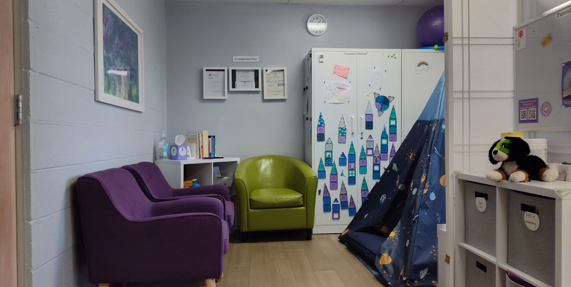 My current "parent area" and the "quiet tent."